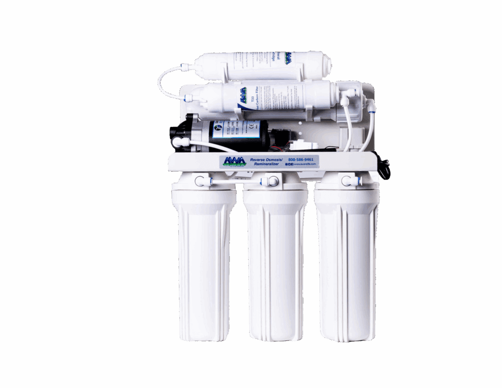 AWA Purification Technologies water filtration systems South Texas - A reverse osmosis water filtration system designed for residential and commercial use, featuring three large vertical filter housings and several smaller horizontal cartridges, all in white, set against a plain white background—ideal for South Texas needs.