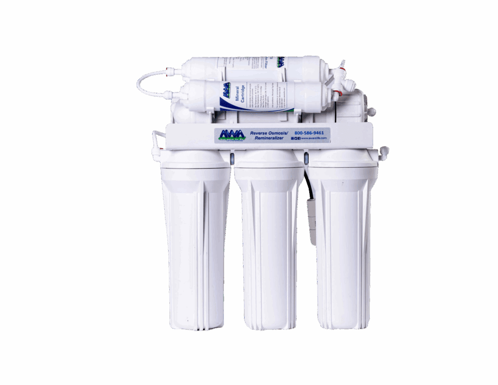 AWA Purification Technologies water filtration systems South Texas - A commercial reverse osmosis water purification system featuring three large vertical filter housings and multiple small horizontal filters on top, set against a plain white background—ideal for South Texas businesses.