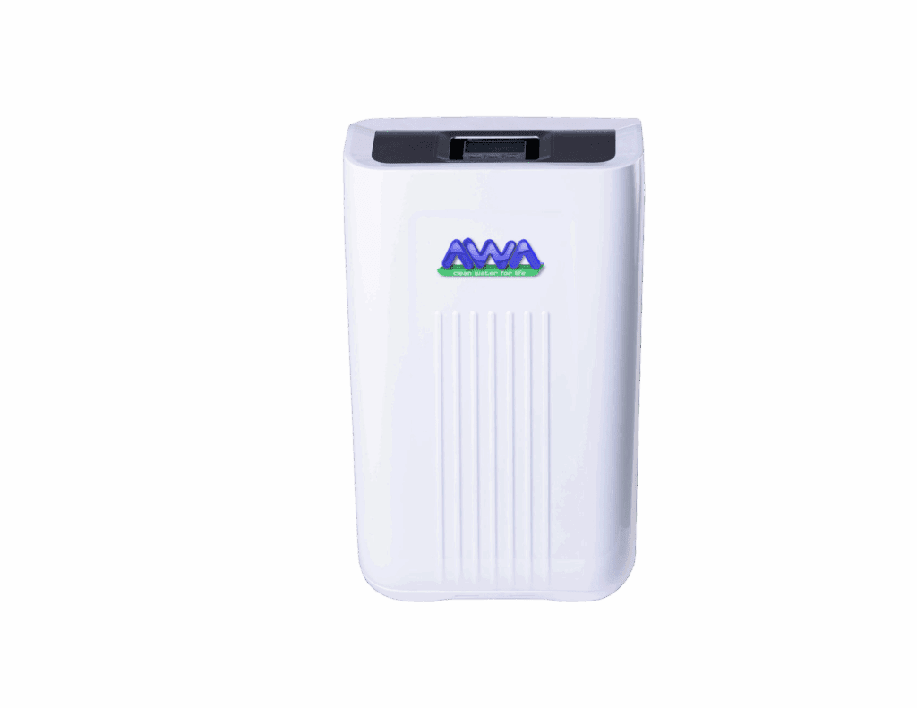 AWA Purification Technologies water filtration systems South Texas - A white rectangular air purifier with a digital display on top and a blue and green AWA logo on the front, designed for both commercial and residential spaces, set against a plain light background.