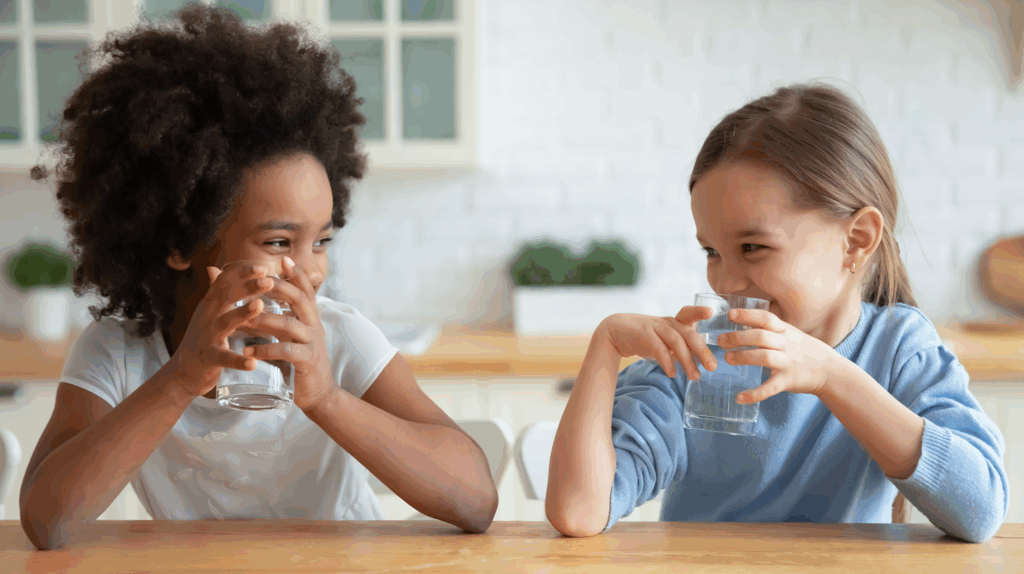 AWA Purification Technologies water filtration systems South Texas - Two young girls sit at a table in a bright South Texas kitchen, smiling and laughing while holding glasses of water, enjoying each other's company—thanks to the home's residential water purification system.