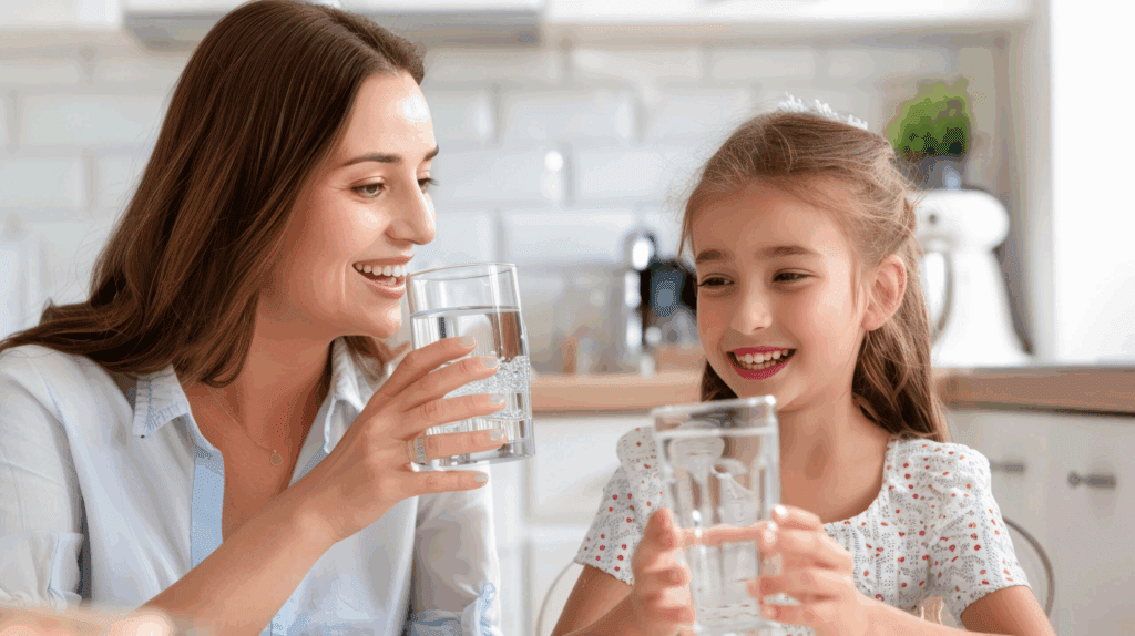 AWA Purification Technologies water filtration systems South Texas - A woman and a young girl sit at a bright, modern kitchen table, smiling at each other while drinking purified water—thanks to advanced residential water purification systems.