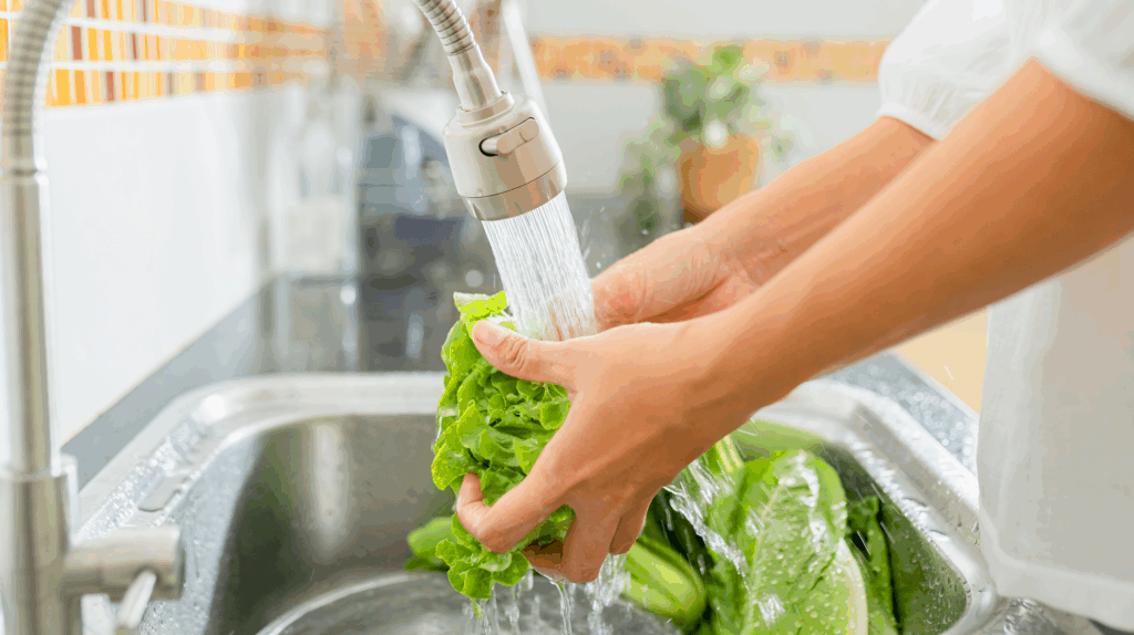 AWA Purification Technologies water filtration systems South Texas - A person rinses fresh green lettuce under a running kitchen faucet, holding the leaves above a stainless steel sink filled with more leafy vegetables—a common scene in South Texas kitchens using advanced water purification systems.