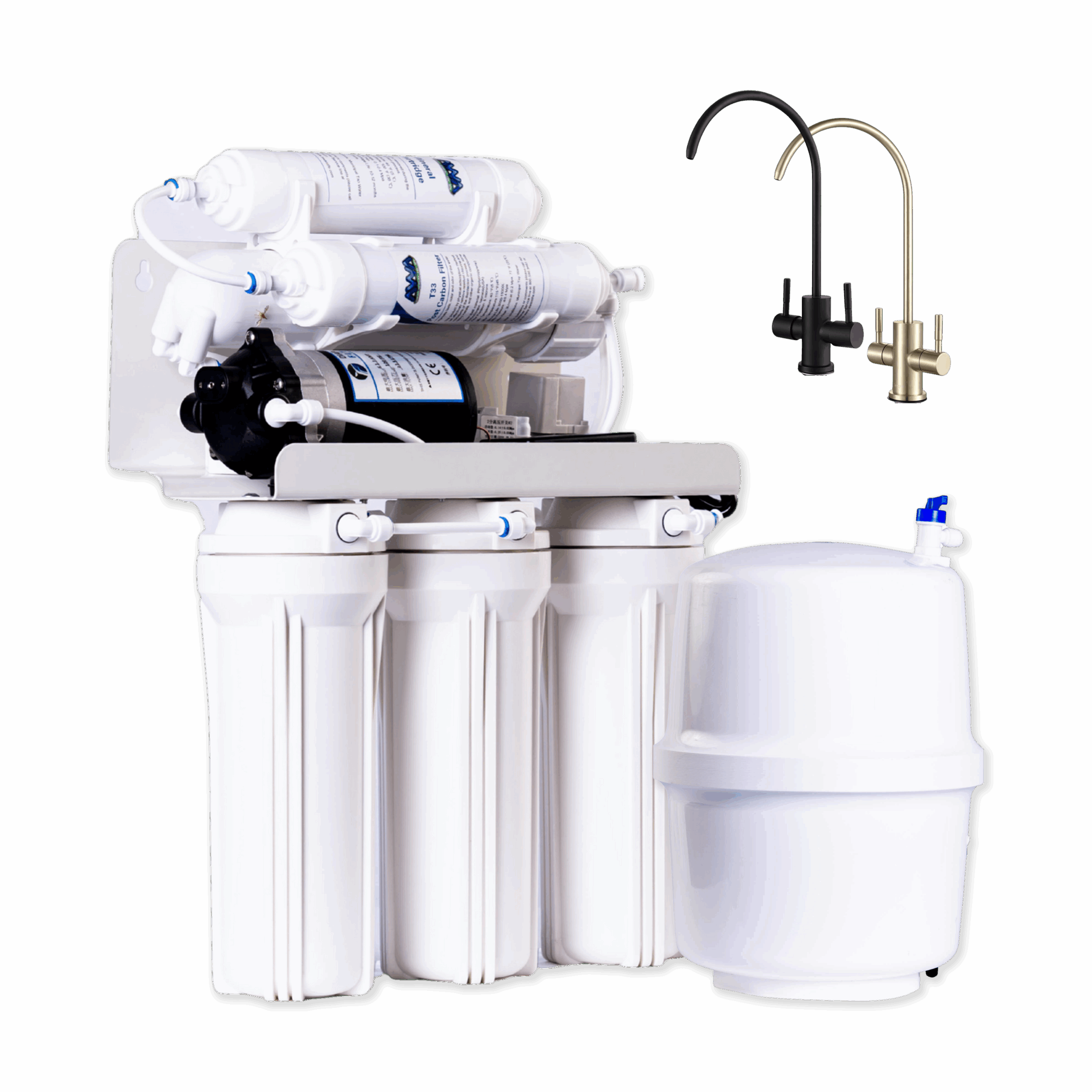 AWA Purification Technologies water filtration systems South Texas - A commercial reverse osmosis water purification system with multiple white filter cartridges, a cylindrical storage tank, and two metal faucets—one black and one brass—displayed on a white background, ideal for South Texas businesses.