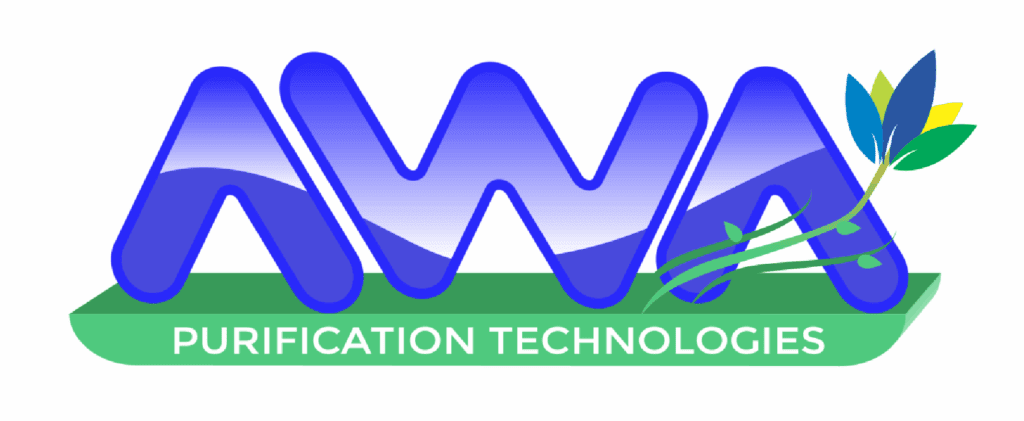 AWA Purification Technologies water filtration systems South Texas - Logo for AWA Purification Technologies featuring bold blue letters AWA with a green leaf and stem design, ideal for residential and commercial clients in South Texas. The logo sits above a green bar containing PURIFICATION TECHNOLOGIES in white.
