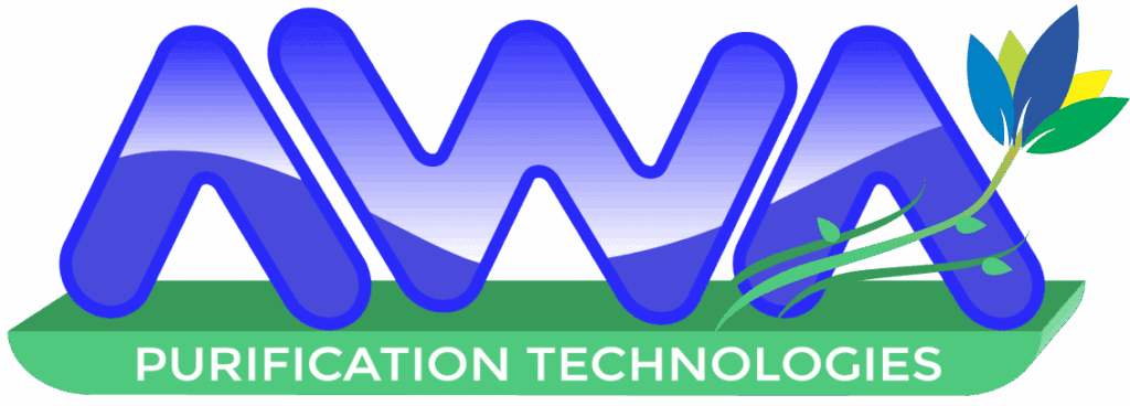 AWA Purification Technologies water filtration systems South Texas - Logo with large blue gradient letters spelling AWA. Below, a green rectangular shape contains white text reading Purification Technologies. A stylized plant with green leaves extends from the last A, highlighting commercial water purification systems in South Texas.