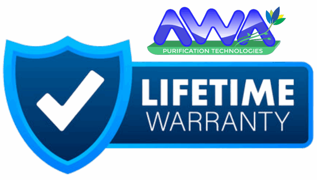 AWA Purification Technologies water filtration systems South Texas - A blue shield with a white check mark sits next to a blue banner reading LIFETIME WARRANTY, while the AWA Purification Technologies logo with leaf accents highlights trusted South Texas commercial water purification systems.
