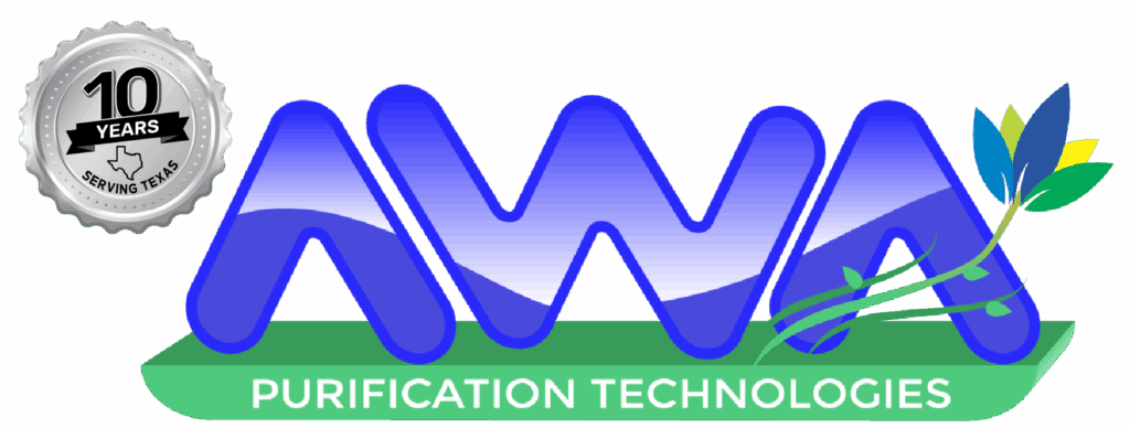 AWA Purification Technologies water filtration systems South Texas - AWA Purification Technologies logo with blue and green text, stylized letters, and a leaf graphic. A silver badge on the left reads “10 Years Serving Texas” with a Texas state outline—experts in residential and commercial water purification systems.