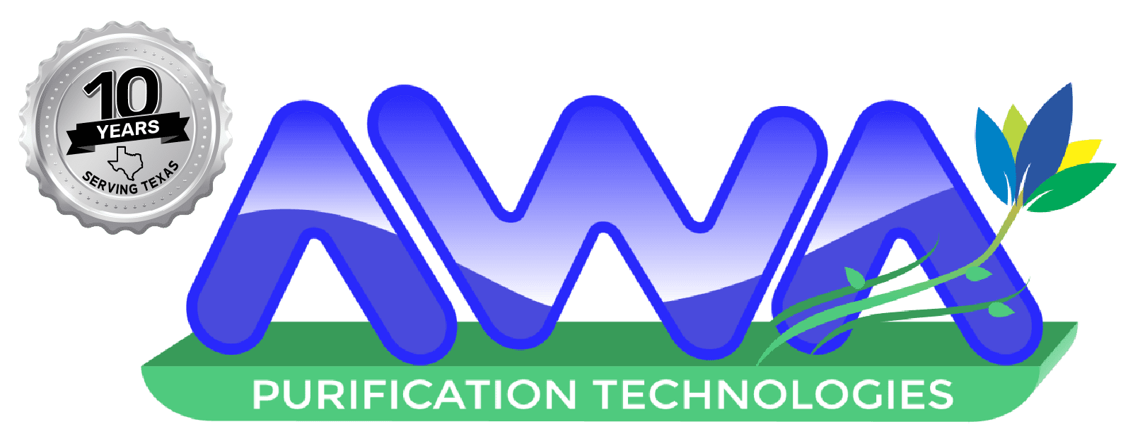 AWA Purification Technologies water filtration systems South Texas - AWA Purification Technologies logo with blue and green text, stylized letters, and a leaf graphic. A silver badge on the left reads “10 Years Serving Texas” with a Texas state outline—experts in residential and commercial water purification systems.